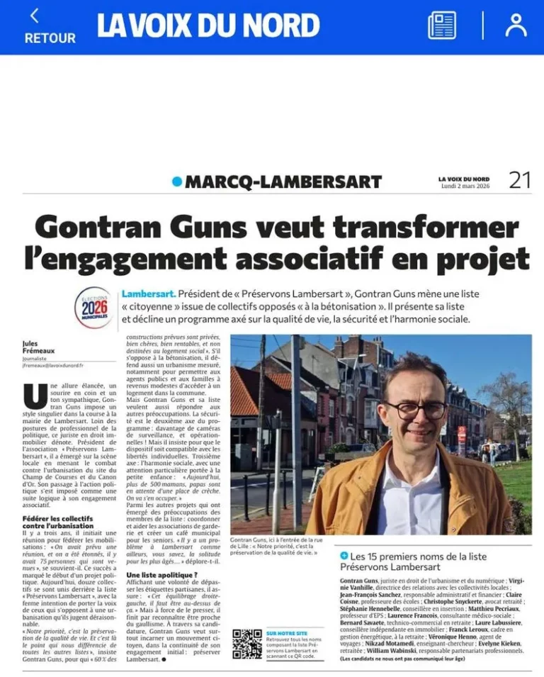 Gontran GUNS présente sa liste et décline un programme axé sur la qualité de vie, la sécurité et l'harmonie sociale pour préserver Lambersart