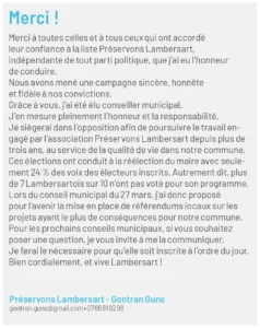 Capture de la tribune « Merci ! » de Gontran Guns, publiée dans le magazine municipal de Lambersart d’avril 2026 après son élection au conseil municipal.