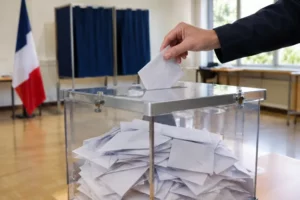 Main d’un électeur déposant une enveloppe dans une urne transparente remplie d’enveloppes, dans un bureau de vote avec le drapeau français.